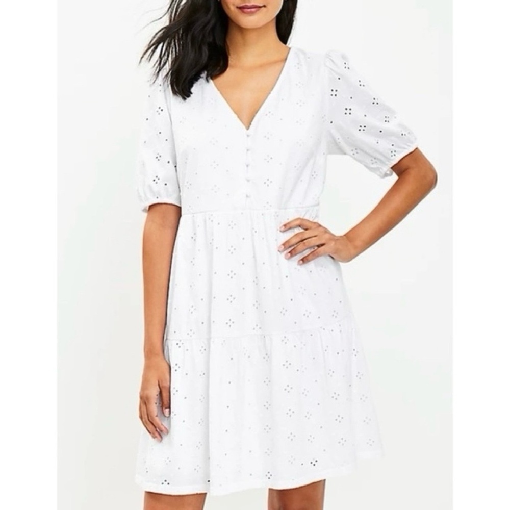 NWT  LOFT  White Eyelet V-Neck Short Sleeve Dress - XS